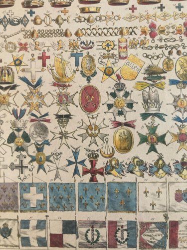 Gravure Lithographie Couleur Ordre Et Étendard  Art Litho Drapeau Médaille XIXe
