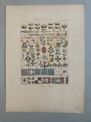 Gravure Lithographie Couleur Ordre Et Étendard  Art Litho Drapeau Médaille XIXe