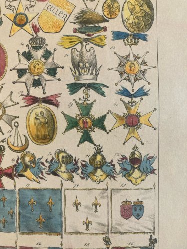 Gravure Lithographie Couleur Ordre Et Étendard  Art Litho Drapeau Médaille XIXe