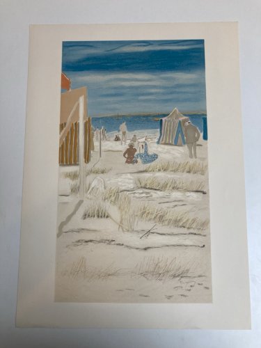 Gravure Lithographie MAURICE BRIANCHON 1950 Ancien La Plage Mer Méditerranée Art