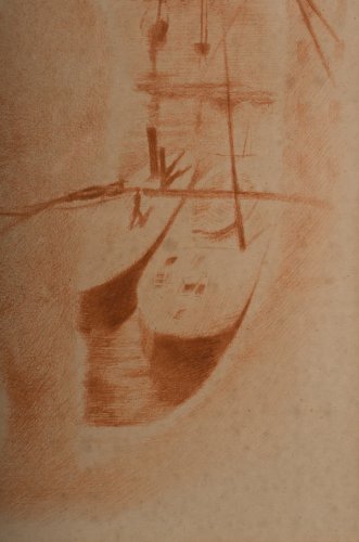 Gravure Mariette Lydis XXe Couple au chapeau devant un port A4859