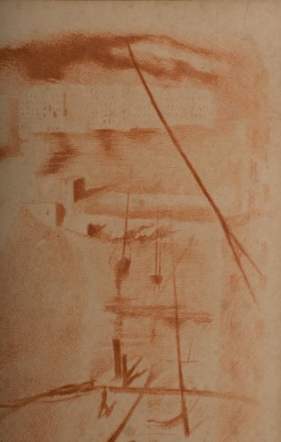 Gravure Mariette Lydis XXe Couple au chapeau devant un port A4859