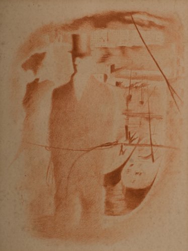 Gravure Mariette Lydis XXe Couple au chapeau devant un port A4859