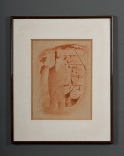 Gravure Mariette Lydis XXe Couple au chapeau devant un port A4859