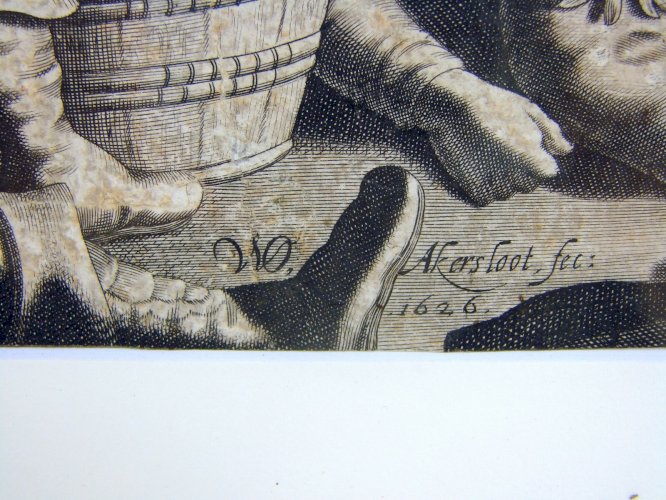 Gravure Noir et Blanc XVII° Signée Willem Outgertsz Akersloot 1626 Cadre Bois 