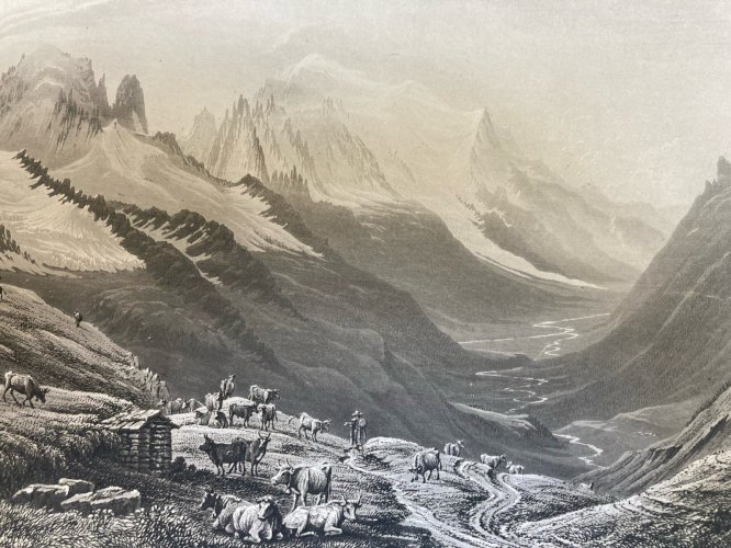 Gravure Originale XIXe Estampe Chamonix Mont Blanc Alpes Vache Paysage Ancien