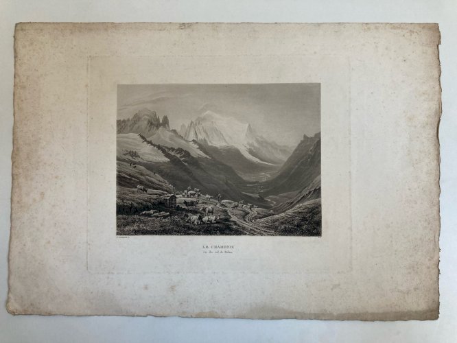 Gravure Originale XIXe Estampe Chamonix Mont Blanc Alpes Vache Paysage Ancien