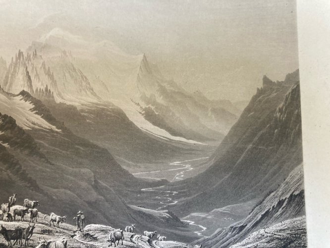 Gravure Originale XIXe Estampe Chamonix Mont Blanc Alpes Vache Paysage Ancien