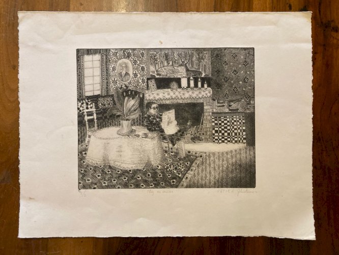 Gravure Portrait  Art Brut Naïf Ancien Ghislaine RATIER Etching Voisine Femme