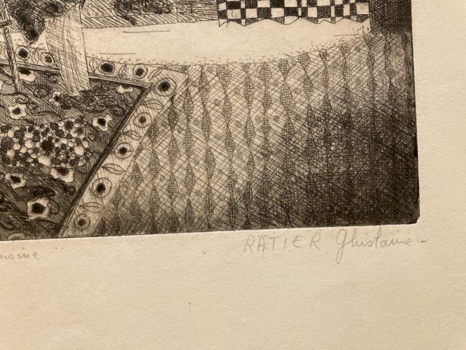 Gravure Portrait  Art Brut Naïf Ancien Ghislaine RATIER Etching Voisine Femme