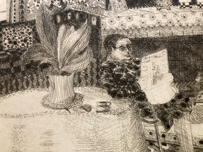 Gravure Portrait  Art Brut Naïf Ancien Ghislaine RATIER Etching Voisine Femme