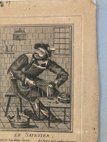 Gravure Portrait  XVIIIe Cordonnier Savetier Vieux Métier Chaussure Etching Old