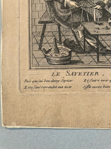 Gravure Portrait  XVIIIe Cordonnier Savetier Vieux Métier Chaussure Etching Old