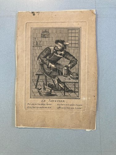 Gravure Portrait  XVIIIe Cordonnier Savetier Vieux Métier Chaussure Etching Old