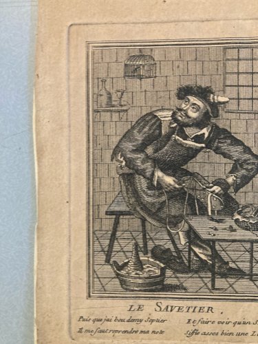 Gravure Portrait  XVIIIe Cordonnier Savetier Vieux Métier Chaussure Etching Old
