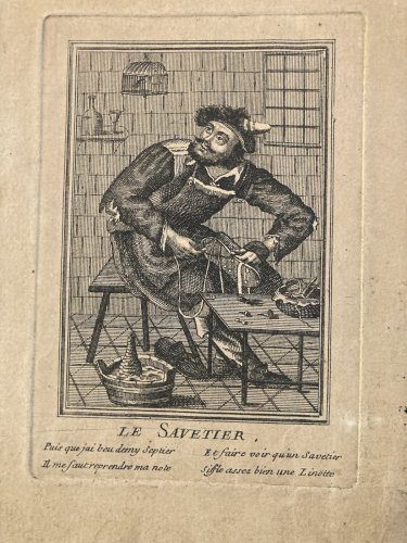 Gravure Portrait  XVIIIe Cordonnier Savetier Vieux Métier Chaussure Etching Old