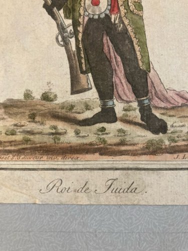 Gravure Portrait  XVIIIe Grasset 1780  homme fusil roi Juida Costume