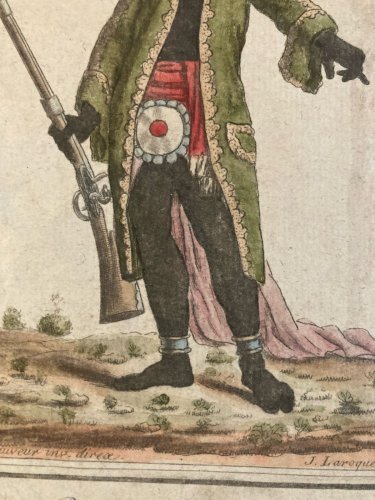 Gravure Portrait  XVIIIe Grasset 1780  homme fusil roi Juida Costume