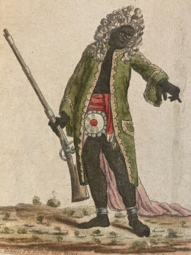 Gravure Portrait  XVIIIe Grasset 1780  homme fusil roi Juida Costume