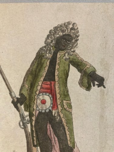 Gravure Portrait  XVIIIe Grasset 1780  homme fusil roi Juida Costume