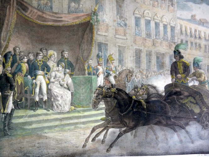 Gravure rehaussée couleurs XIX° FÊTE à MILAN - NAPOLEON d'après Aubry, Ch. Motte