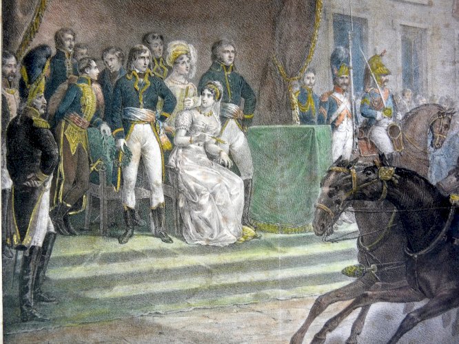 Gravure rehaussée couleurs XIX° FÊTE à MILAN - NAPOLEON d'après Aubry, Ch. Motte