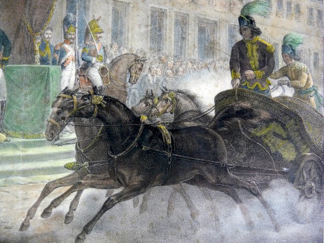 Gravure rehaussée couleurs XIX° FÊTE à MILAN - NAPOLEON d'après Aubry, Ch. Motte