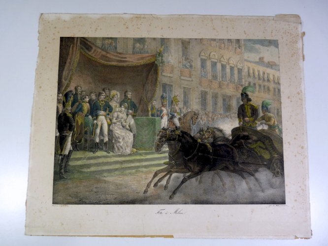 Gravure rehaussée couleurs XIX° FÊTE à MILAN - NAPOLEON d'après Aubry, Ch. Motte
