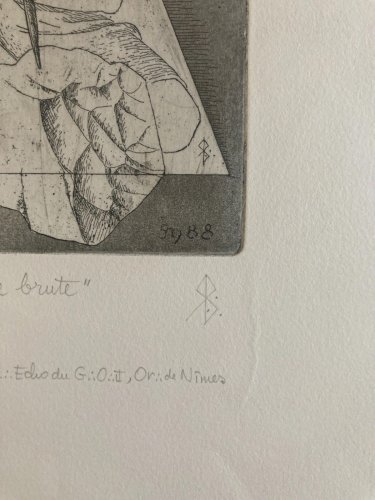 gravure  Signé A Identifier 1980 XXe Art Tailleur De Pierre Brut 1980