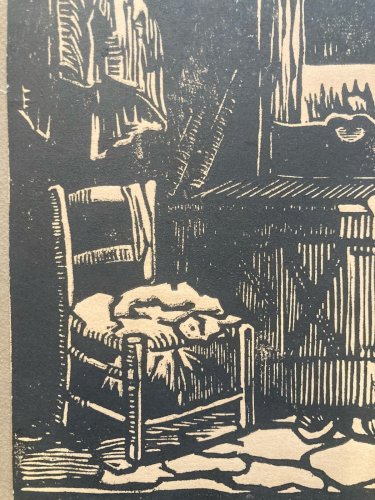 Gravure Sur Bois Encre Etching Maison Chaise Meuble 1930 À Identifier Art XXe