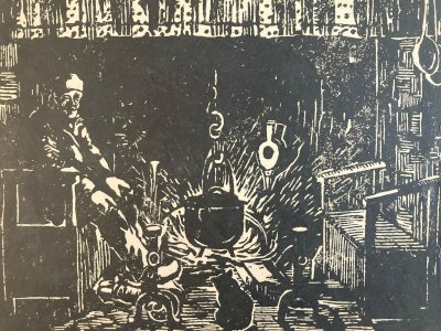 Gravure Sur Bois Encre Foyer Feu Marmite Paysan 1930 À Identifier Art XXe
