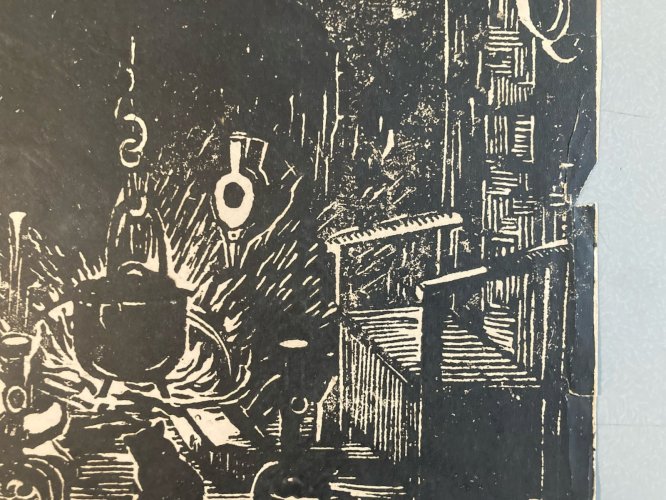 Gravure Sur Bois Encre Foyer Feu Marmite Paysan 1930 À Identifier Art XXe