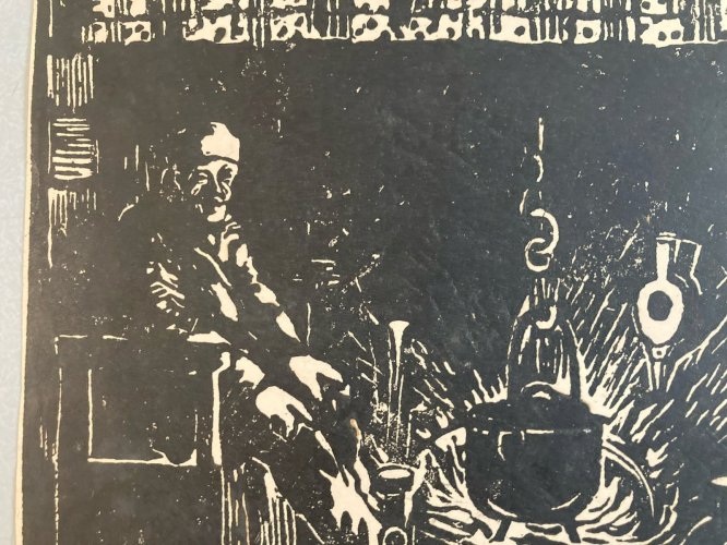 Gravure Sur Bois Encre Foyer Feu Marmite Paysan 1930 À Identifier Art XXe