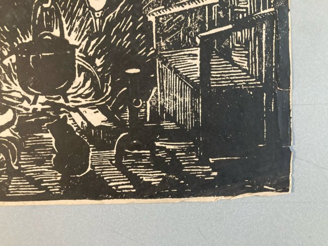 Gravure Sur Bois Encre Foyer Feu Marmite Paysan 1930 À Identifier Art XXe