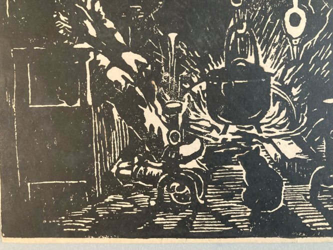 Gravure Sur Bois Encre Foyer Feu Marmite Paysan 1930 À Identifier Art XXe