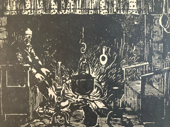 Gravure Sur Bois Encre Foyer Feu Marmite Paysan 1930 À Identifier Art XXe