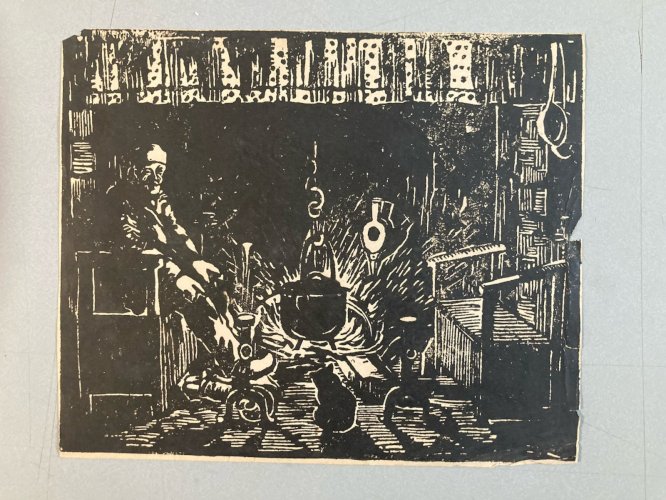 Gravure Sur Bois Encre Foyer Feu Marmite Paysan 1930 À Identifier Art XXe
