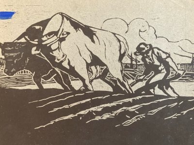 Gravure Sur Bois Encre Paysage Vache Bœuf Paysan 1930 À Identifier Art XXe