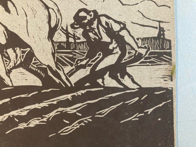 Gravure Sur Bois Encre Paysage Vache Bœuf Paysan 1930 À Identifier Art XXe