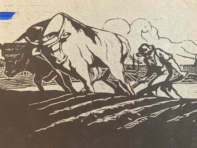 Gravure Sur Bois Encre Paysage Vache Bœuf Paysan 1930 À Identifier Art XXe