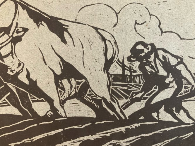 Gravure Sur Bois Encre Paysage Vache Bœuf Paysan 1930 À Identifier Art XXe