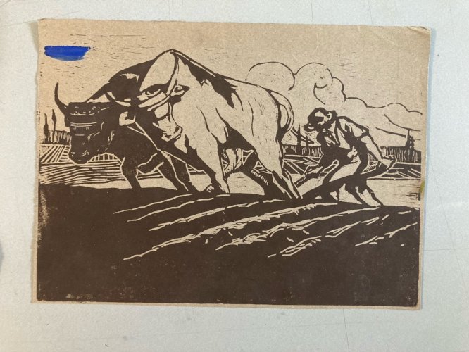 Gravure Sur Bois Encre Paysage Vache Bœuf Paysan 1930 À Identifier Art XXe