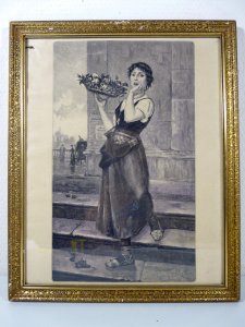 Gravure sur bois noir et blanc FEMME AU PANIER DE FRUITS signée P. Fruhauf cadre