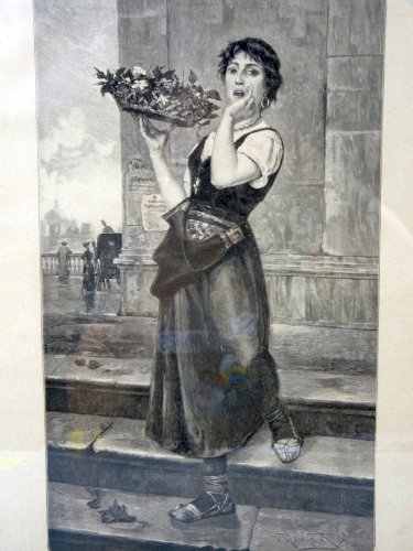 Gravure sur bois noir et blanc FEMME AU PANIER DE FRUITS signée P. Fruhauf cadre