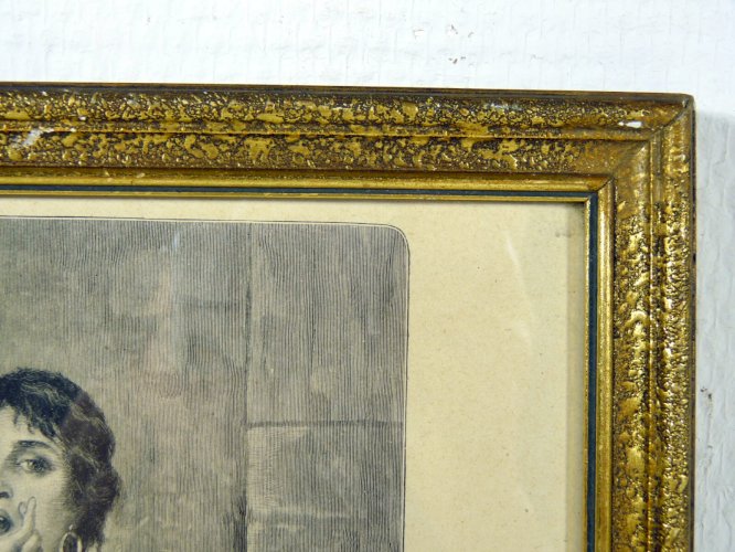 Gravure sur bois noir et blanc FEMME AU PANIER DE FRUITS signée P. Fruhauf cadre