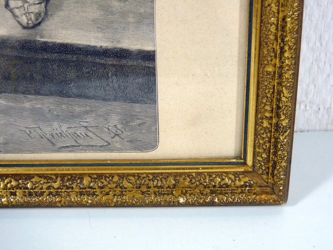 Gravure sur bois noir et blanc FEMME AU PANIER DE FRUITS signée P. Fruhauf cadre