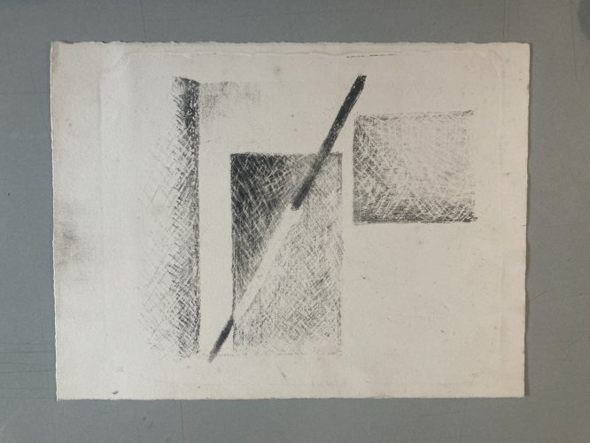 , gravure sur papier abstrait, abstraction à identifier Cube Art 1970