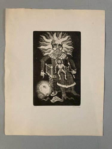 gravure Surréaliste Signé A Identifier 1980 Roi Soleil Trône Art XXe