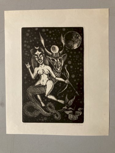 gravure Surréaliste Signé A Identifier 1980 Surréalisme XXe Lune Art