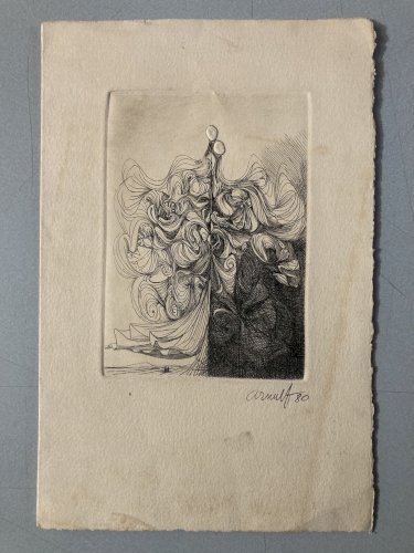 gravure Surréaliste Signé Arnulfo A Identifier 1980 Femme Cheveux Art